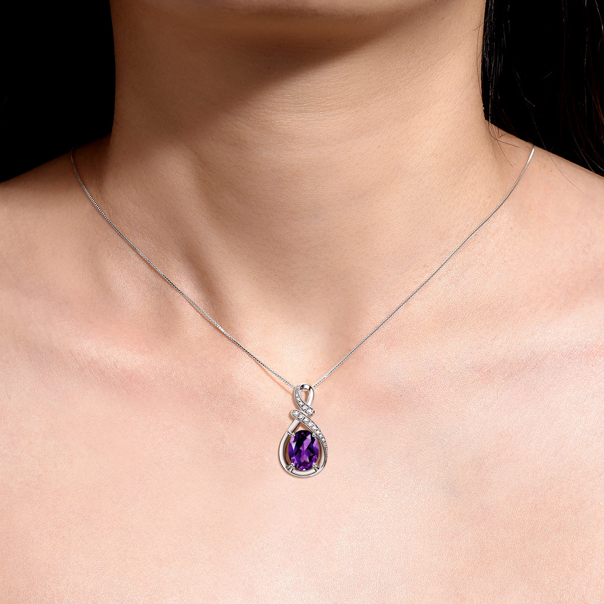 Necklace Sterling Silver Classic Designer Necklace Gemstone & Diamonds Pendant with 18" Chain 9X7MM Amethyst February Birthstone Womens Jewelry Silver Necklace