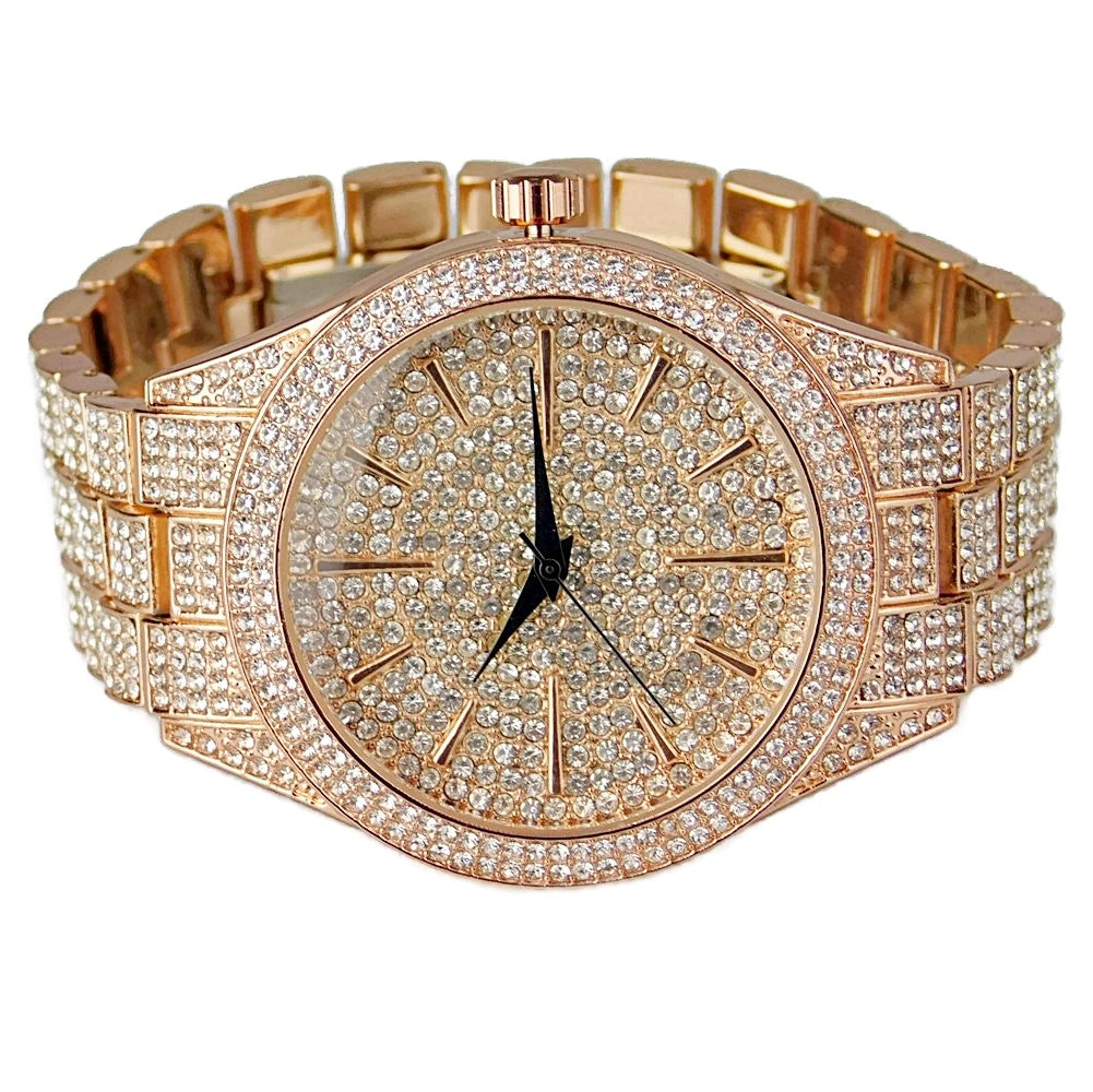 Men'S "Hour Marks" Iced Rose Gold Plated 8" Watch & Bracelet Simulated CZ Set