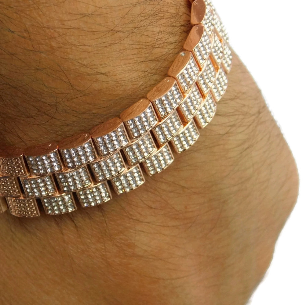 Men'S "Hour Marks" Iced Rose Gold Plated 8" Watch & Bracelet Simulated CZ Set