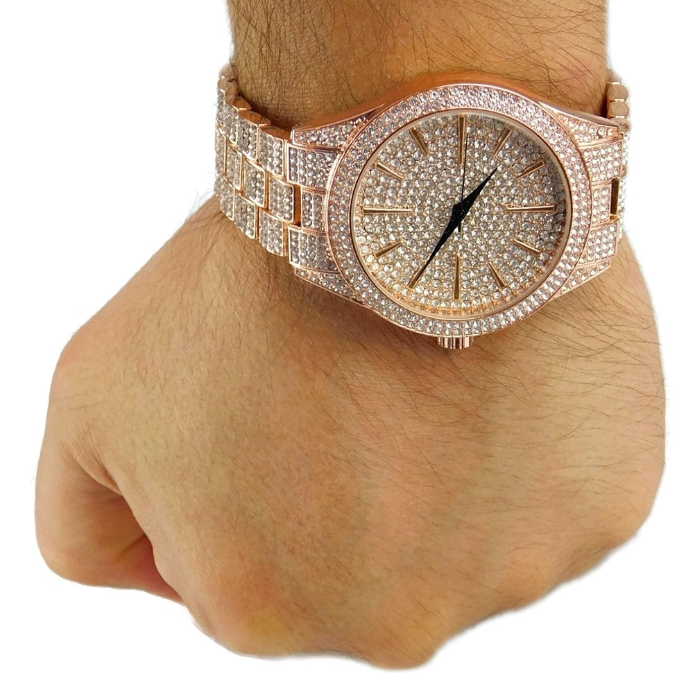 Men'S "Hour Marks" Iced Rose Gold Plated 8" Watch & Bracelet Simulated CZ Set