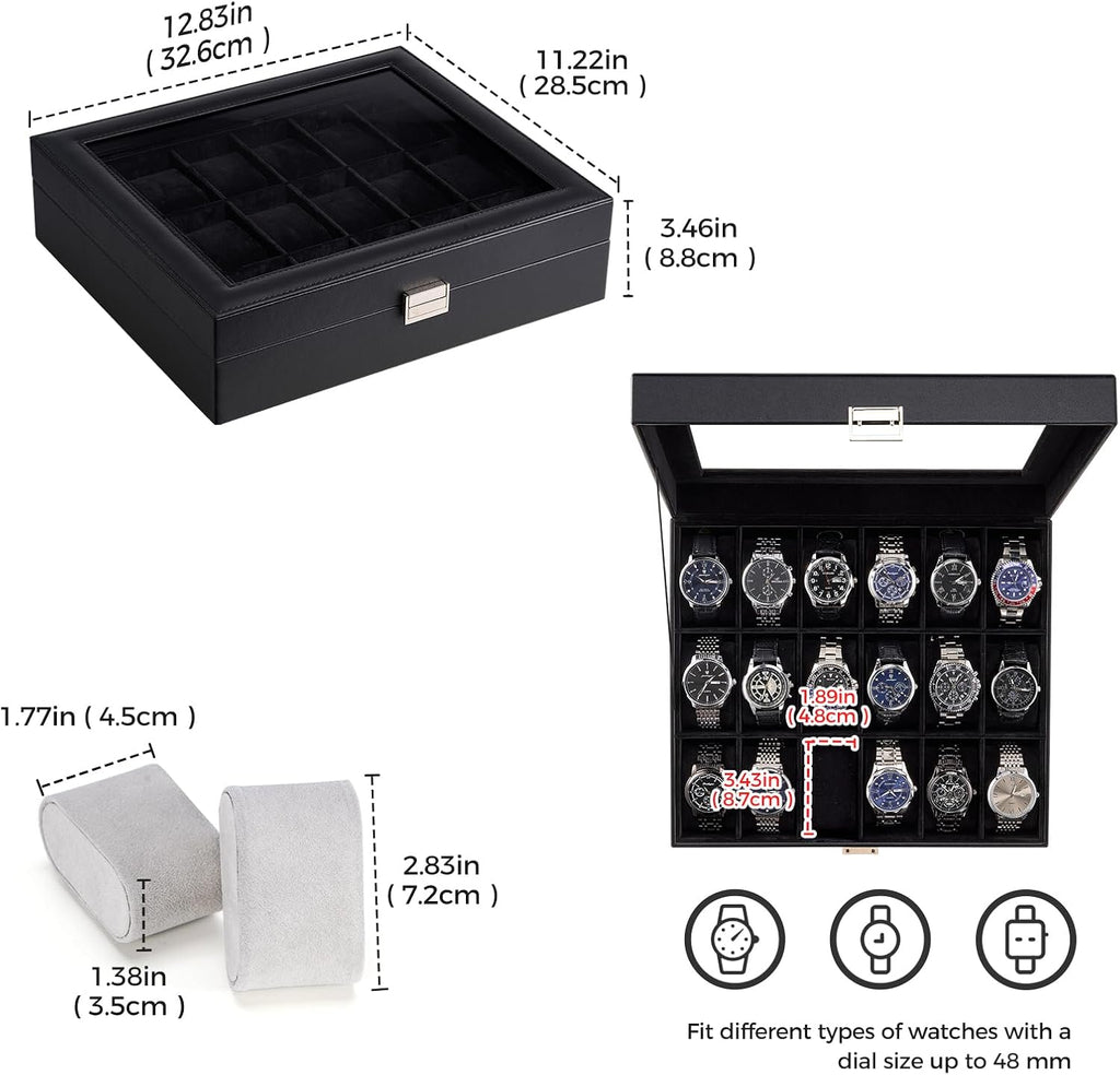 Watch Box Organizer, 18 Slot Watch Display Case, Allblack