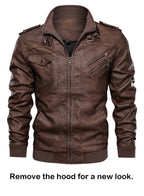 Men'S Pu Faux Leather Jacket with Removable Hood Brown 2XL