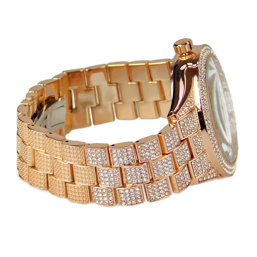 Men'S "Hour Marks" Iced Rose Gold Plated 8" Watch & Bracelet Simulated CZ Set