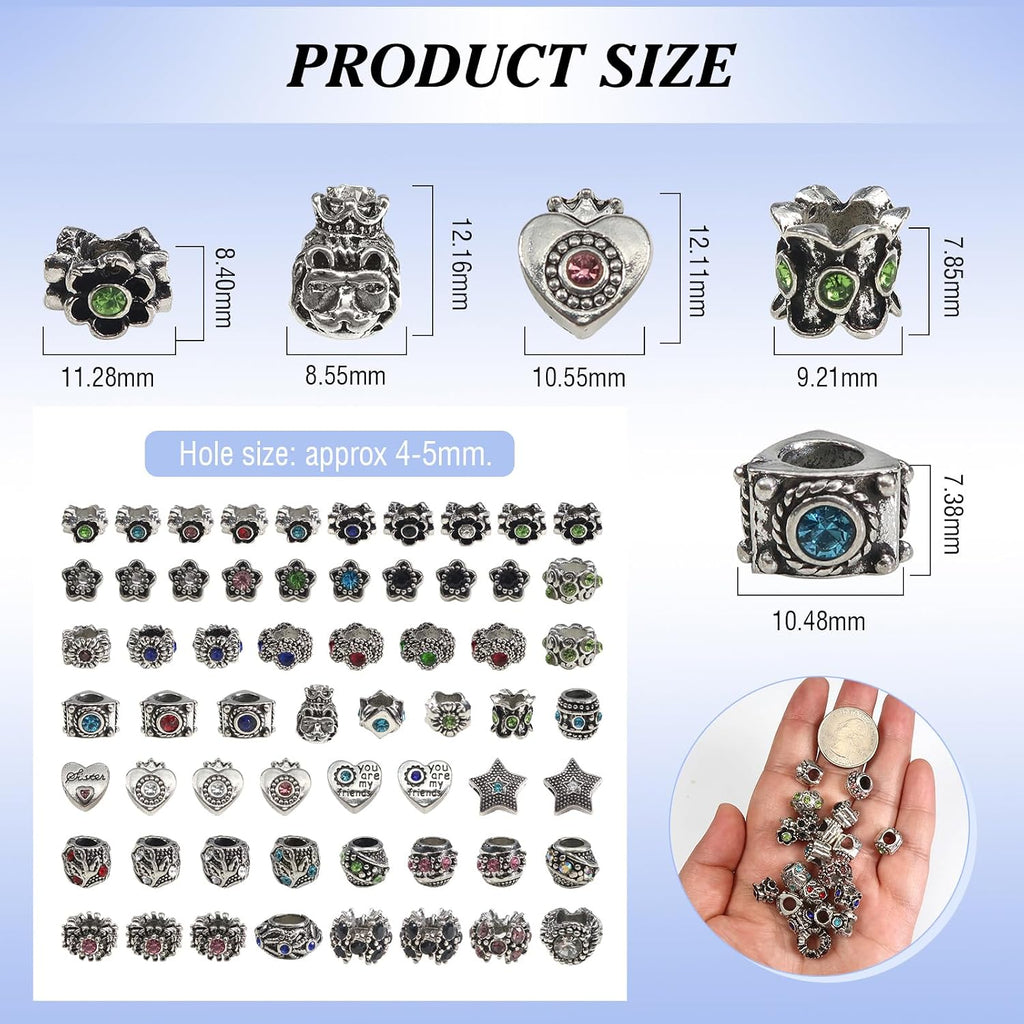 TOAOB 60Pcs Assorted European Beads Large Hole Spacer Beads Antique Silver Rhinestone Charms Supplies for Bracelet Necklace Jewelry Making