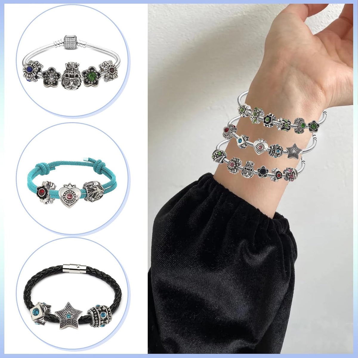 TOAOB 60Pcs Assorted European Beads Large Hole Spacer Beads Antique Silver Rhinestone Charms Supplies for Bracelet Necklace Jewelry Making