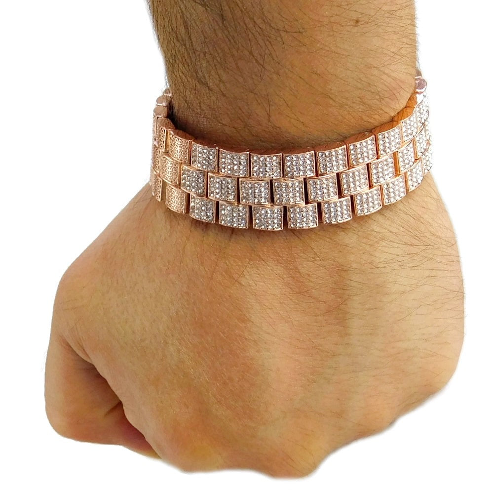 Men'S "Hour Marks" Iced Rose Gold Plated 8" Watch & Bracelet Simulated CZ Set