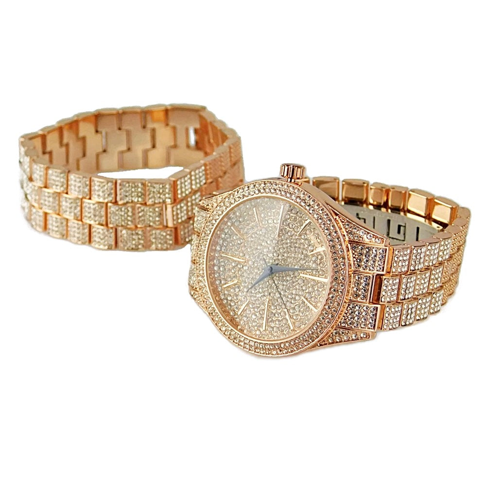 Men'S "Hour Marks" Iced Rose Gold Plated 8" Watch & Bracelet Simulated CZ Set