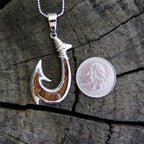 Koa Wood Hawaiian Wave Fish Hook Rhodium Silver Plated Brass Pendant BRP1086
