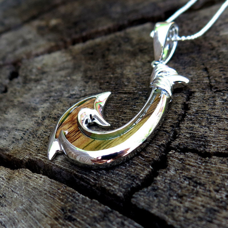 Koa Wood Hawaiian Wave Fish Hook Rhodium Silver Plated Brass Pendant BRP1086