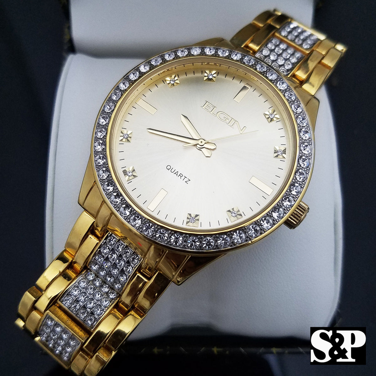 Mens Elgin Luxury Elegant Gold Genuine Diamonds Stainless Steel Watch & Bracelet