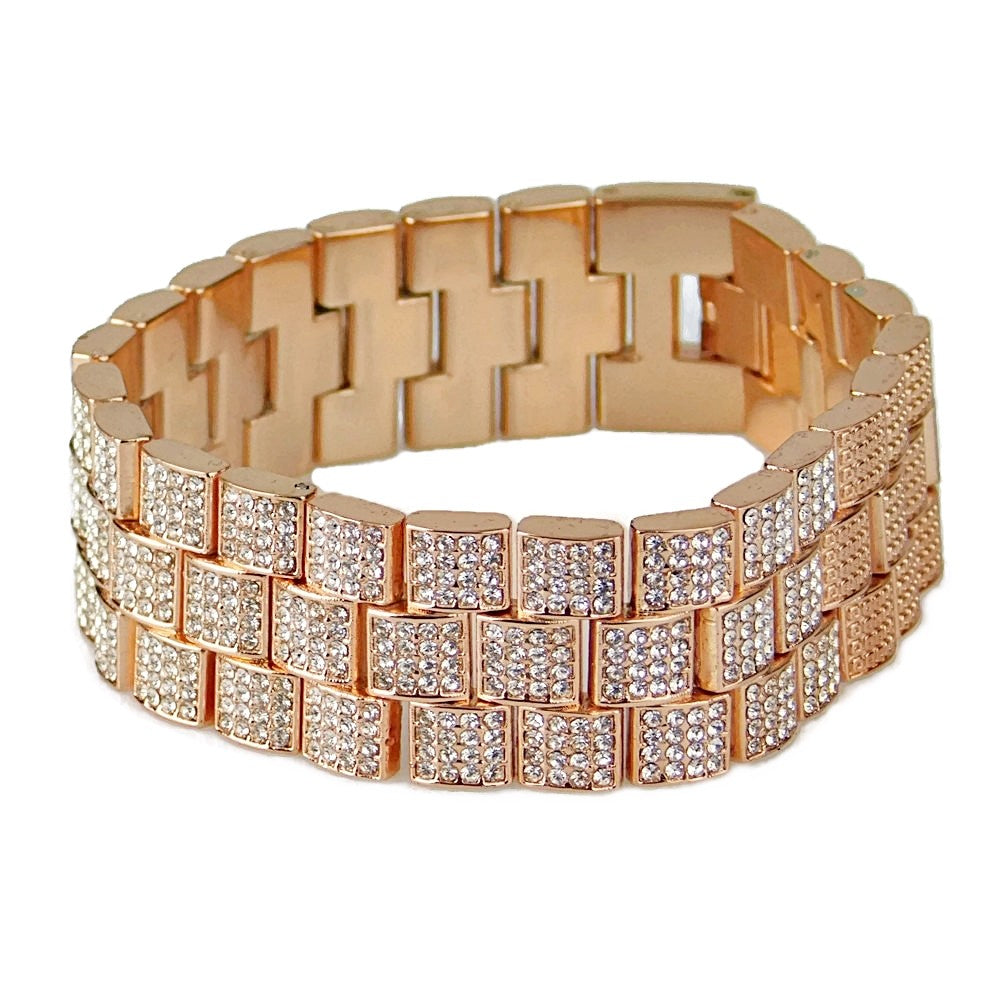 Men'S "Hour Marks" Iced Rose Gold Plated 8" Watch & Bracelet Simulated CZ Set