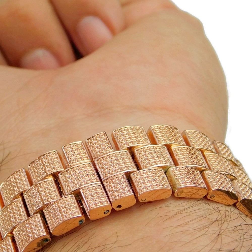 Men'S "Hour Marks" Iced Rose Gold Plated 8" Watch & Bracelet Simulated CZ Set