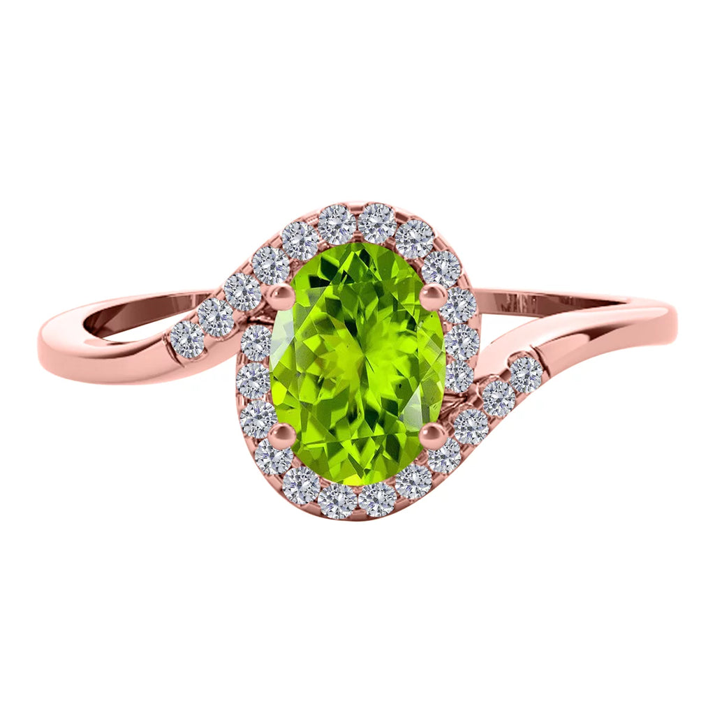Engagement Rings for Women 1.00 Carat Oval Shape Peridot & round White Diamond Gemstone Ring Prong-Setting 14K Rose Gold