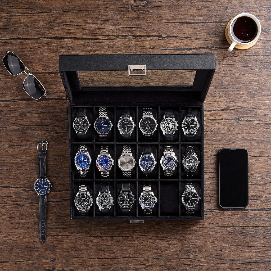 Watch Box Organizer, 18 Slot Watch Display Case, Allblack