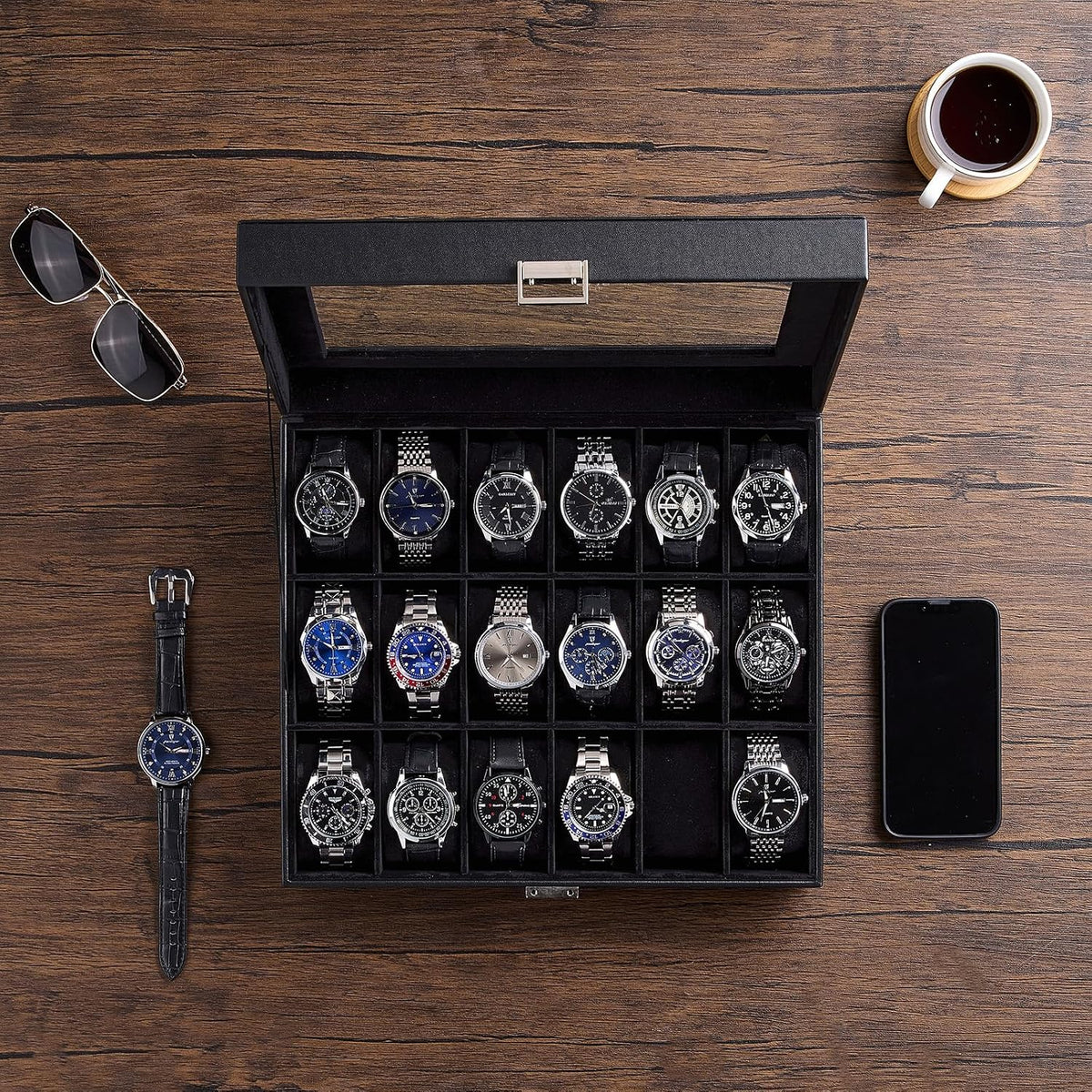 Watch Box Organizer, 18 Slot Watch Display Case, Allblack