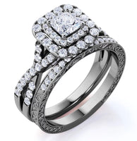 Square Diamond - Double Halo - Twisted Band - Vintage Inspired - Pave - Gothic Wedding Ring Set in 10K Black Gold