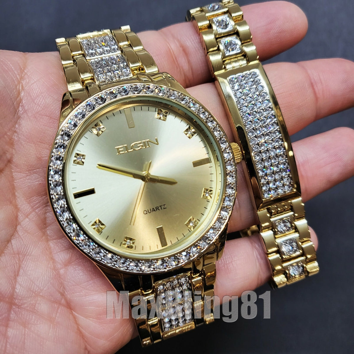 Mens Elgin Luxury Elegant Gold Genuine Diamonds Stainless Steel Watch & Bracelet