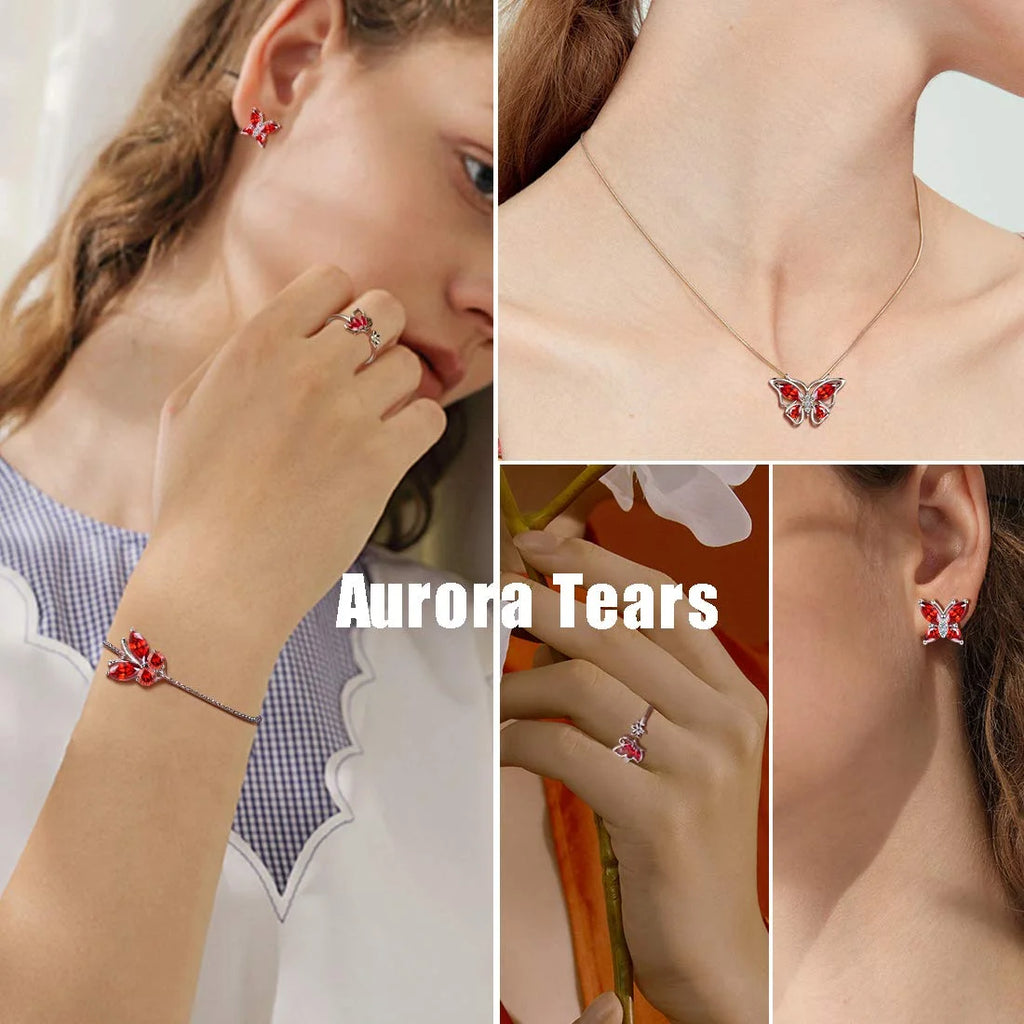 January Birthstone Jewelry Set Red Butterfly Garnet Fine Necklace/Earrings/Ring/Bracelet Sterling Silver Women Xmas Birthday Mother'S Day Gifts