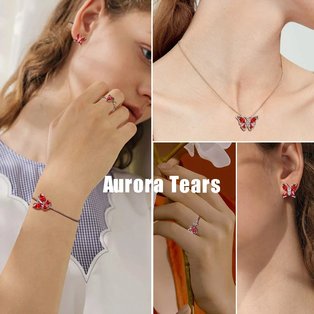 January Birthstone Jewelry Set Red Butterfly Garnet Fine Necklace/Earrings/Ring/Bracelet Sterling Silver Women Xmas Birthday Mother'S Day Gifts