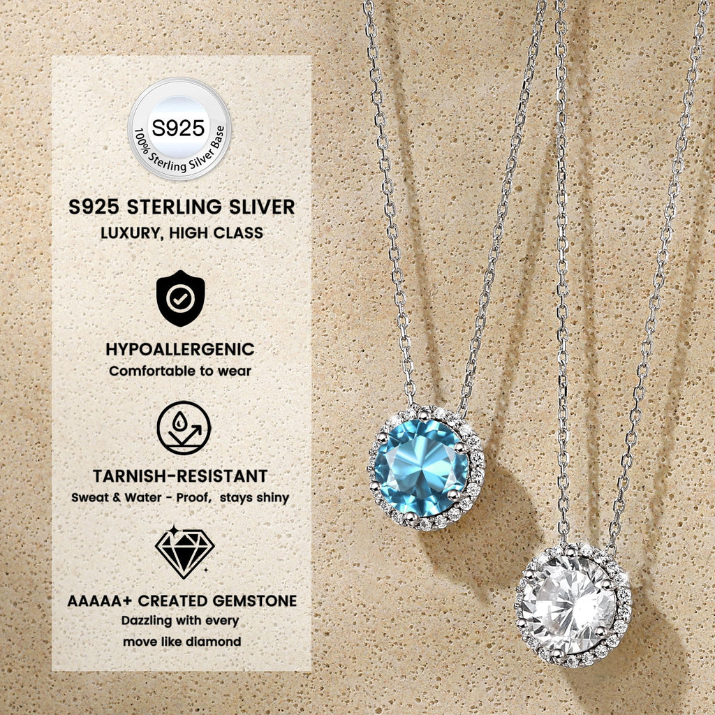 Birthstone Necklace for Women Pure 925 Sterling Silver Necklaces March round Blue Aquamarine Crystal Pendant Gifts for Everyday Wear Birthday Graduation