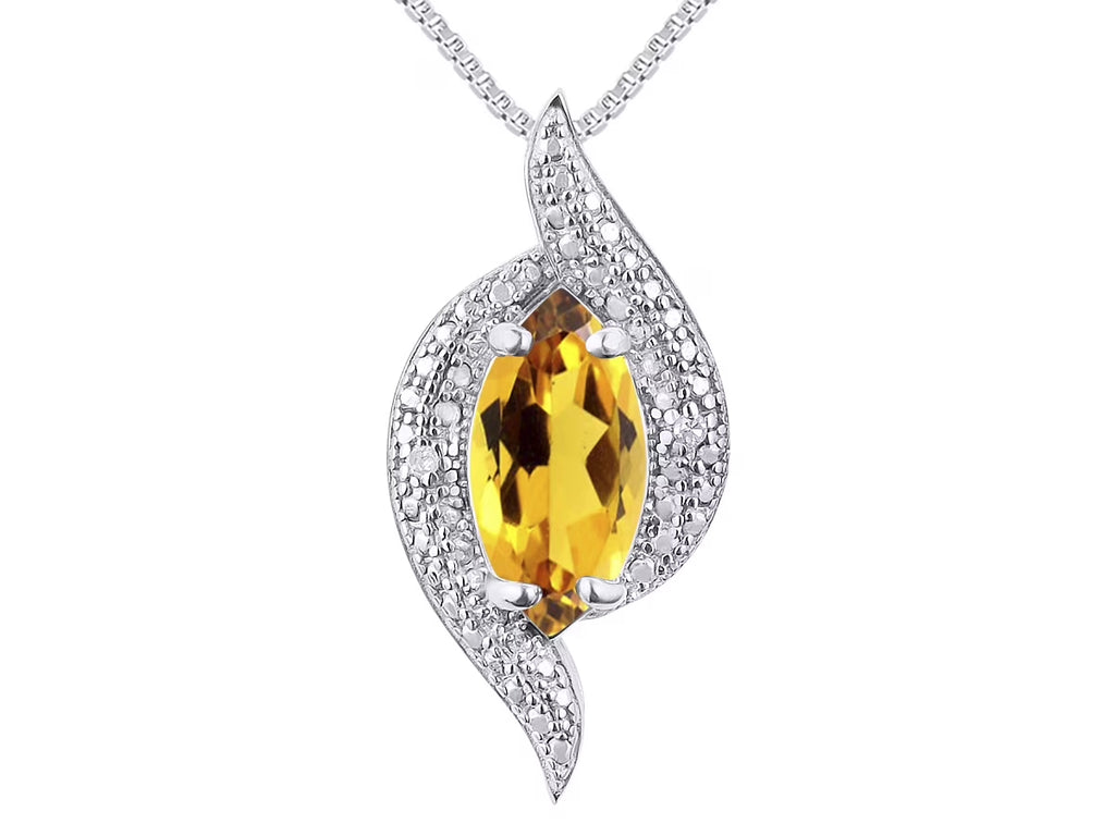 Necklace Sterling Silver 925 Designer Necklace Marquise Gemstone & Diamonds Pendant 18" Chain 10X5MM Citrine November Birthstone Womens Jewelry Silver Necklace