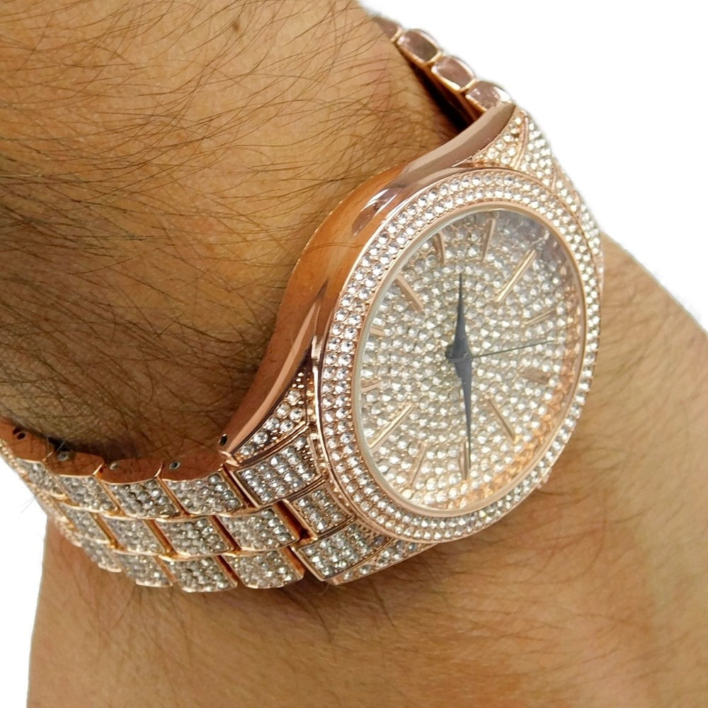 Men'S "Hour Marks" Iced Rose Gold Plated 8" Watch & Bracelet Simulated CZ Set