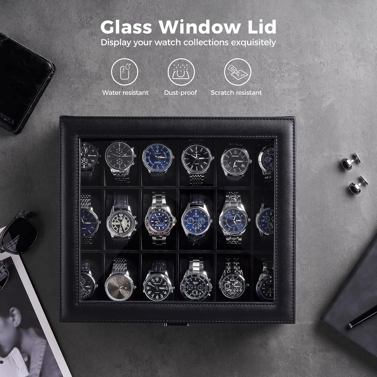 Watch Box Organizer, 18 Slot Watch Display Case, Allblack