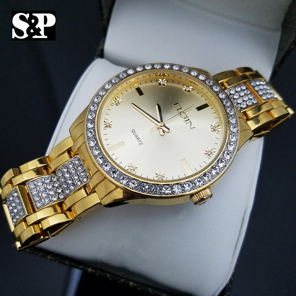Mens Elgin Luxury Elegant Gold Genuine Diamonds Stainless Steel Watch & Bracelet
