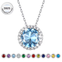 Birthstone Necklace for Women Pure 925 Sterling Silver Necklaces March round Blue Aquamarine Crystal Pendant Gifts for Everyday Wear Birthday Graduation