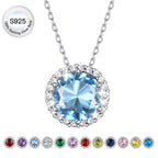 Birthstone Necklace for Women Pure 925 Sterling Silver Necklaces March round Blue Aquamarine Crystal Pendant Gifts for Everyday Wear Birthday Graduation