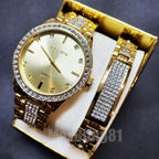 Mens Elgin Luxury Elegant Gold Genuine Diamonds Stainless Steel Watch & Bracelet