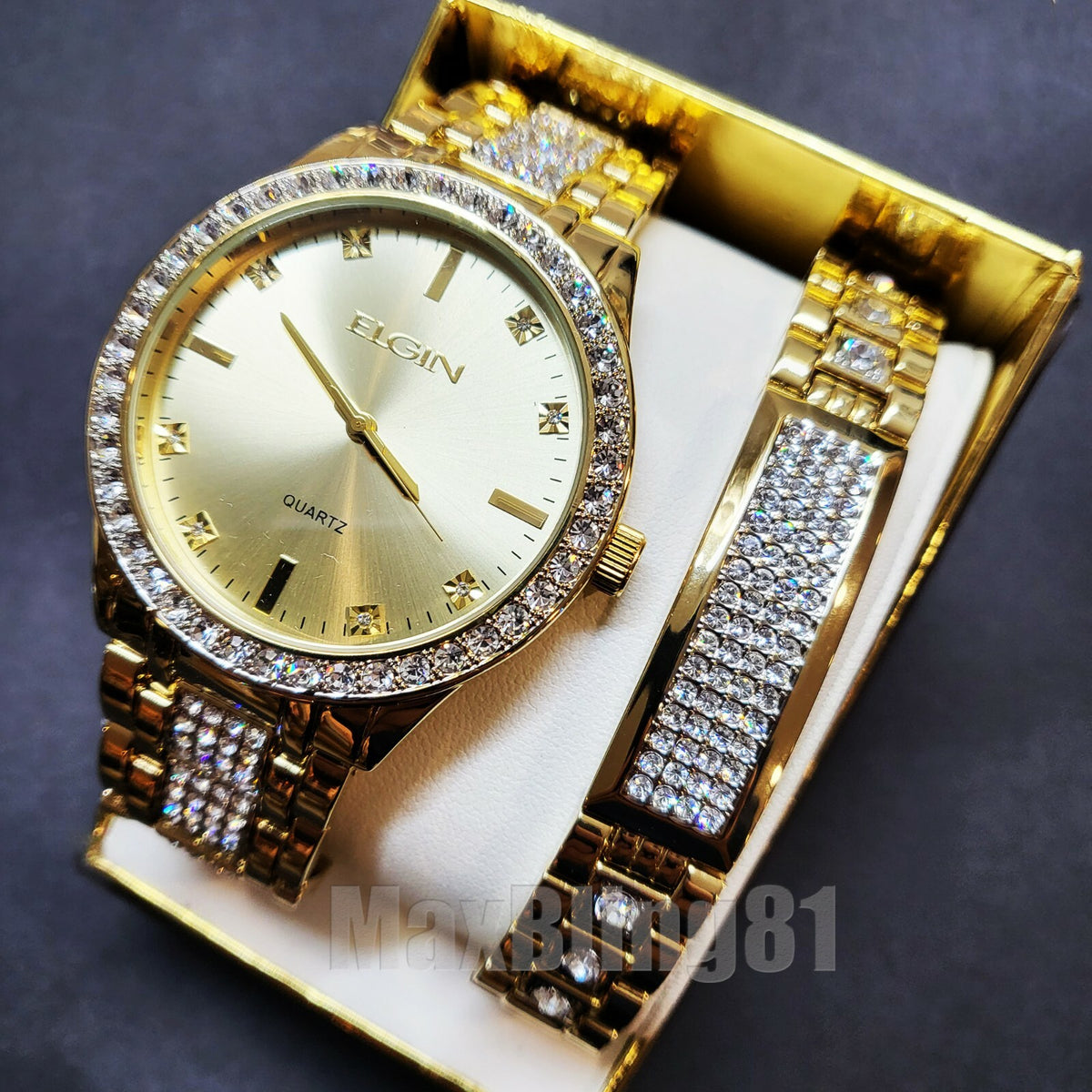 Mens Elgin Luxury Elegant Gold Genuine Diamonds Stainless Steel Watch & Bracelet