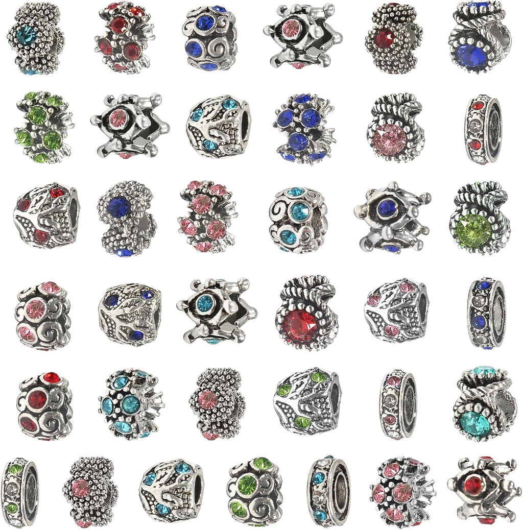 TOAOB 60Pcs Assorted European Beads Large Hole Spacer Beads Antique Silver Rhinestone Charms Supplies for Bracelet Necklace Jewelry Making