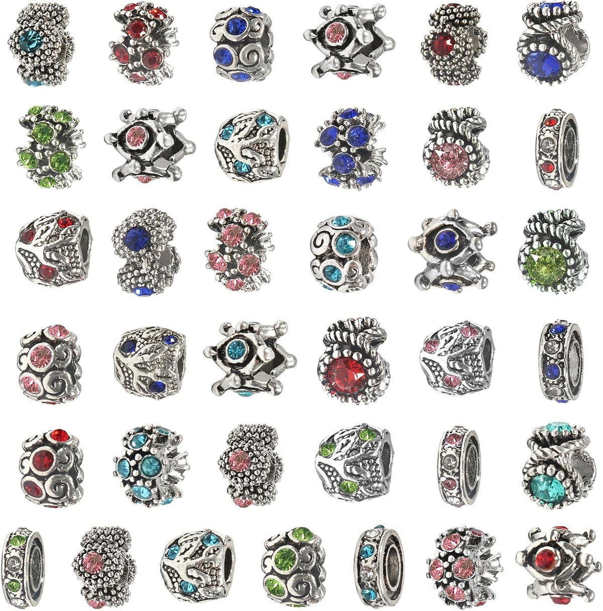 TOAOB 60Pcs Assorted European Beads Large Hole Spacer Beads Antique Silver Rhinestone Charms Supplies for Bracelet Necklace Jewelry Making