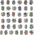 TOAOB 60Pcs Assorted European Beads Large Hole Spacer Beads Antique Silver Rhinestone Charms Supplies for Bracelet Necklace Jewelry Making