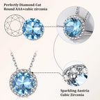 Birthstone Necklace for Women Pure 925 Sterling Silver Necklaces March round Blue Aquamarine Crystal Pendant Gifts for Everyday Wear Birthday Graduation