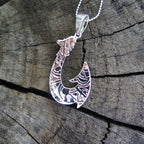 Koa Wood Hawaiian Wave Fish Hook Rhodium Silver Plated Brass Pendant BRP1086