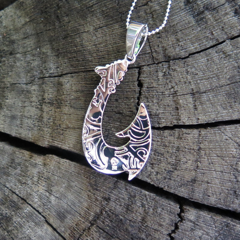 Koa Wood Hawaiian Wave Fish Hook Rhodium Silver Plated Brass Pendant BRP1086