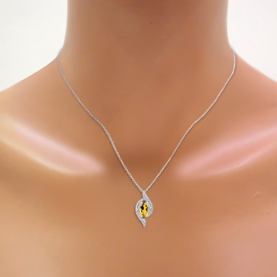 Necklace Sterling Silver 925 Designer Necklace Marquise Gemstone & Diamonds Pendant 18" Chain 10X5MM Citrine November Birthstone Womens Jewelry Silver Necklace
