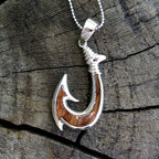 Koa Wood Hawaiian Wave Fish Hook Rhodium Silver Plated Brass Pendant BRP1086