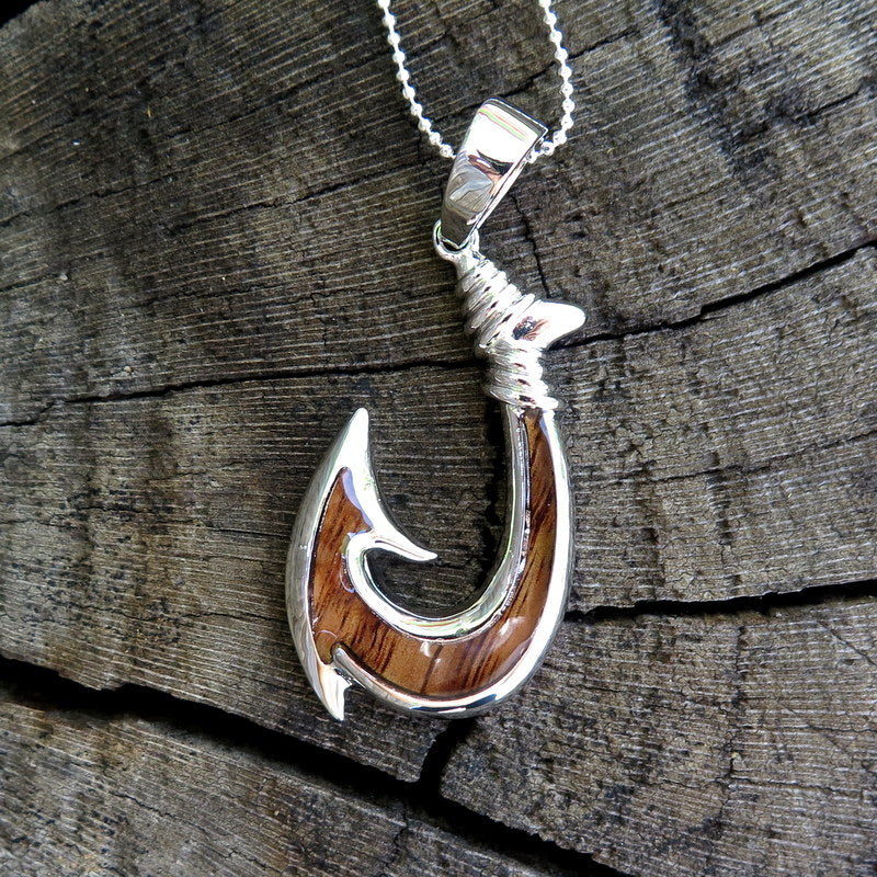 Koa Wood Hawaiian Wave Fish Hook Rhodium Silver Plated Brass Pendant BRP1086