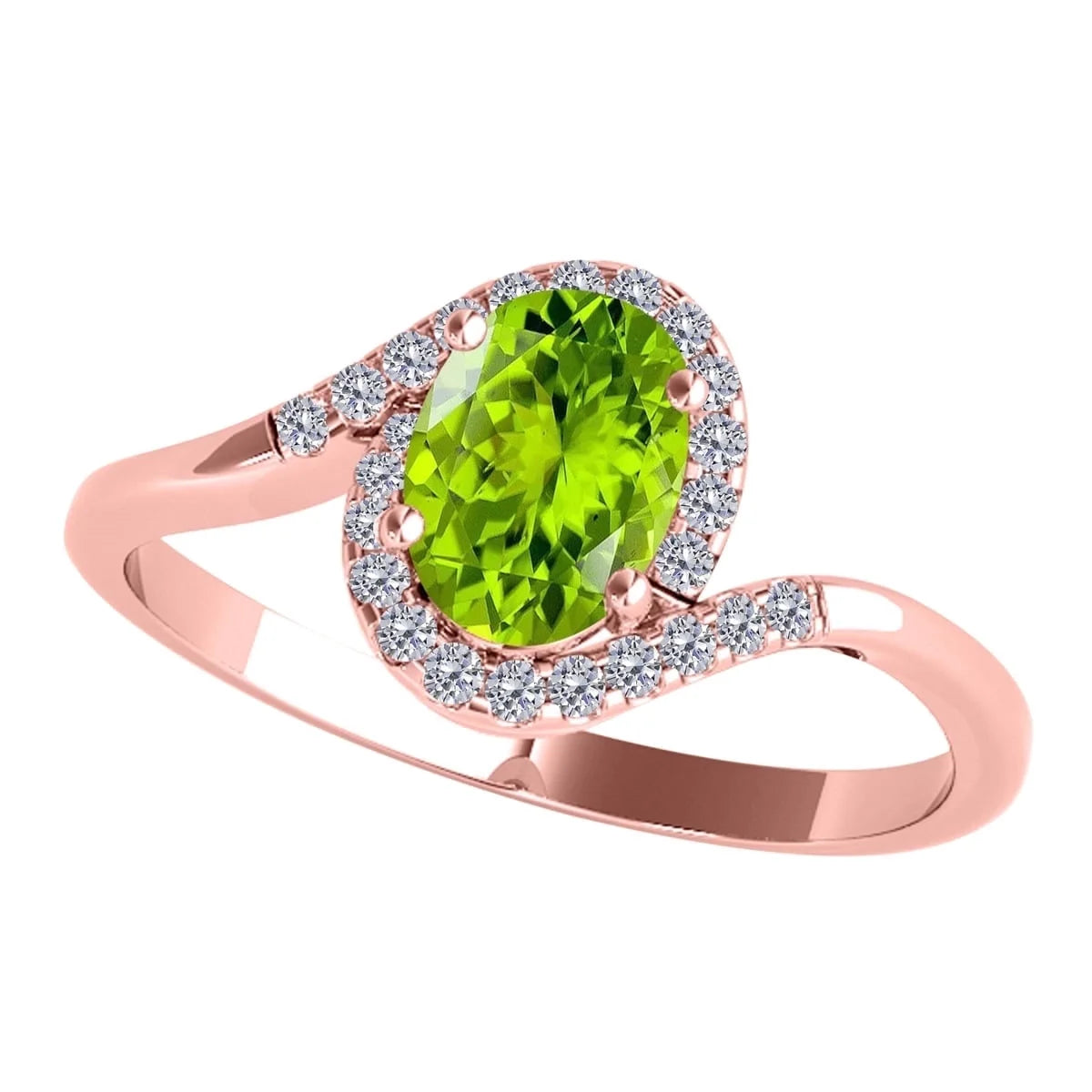 Engagement Rings for Women 1.00 Carat Oval Shape Peridot & round White Diamond Gemstone Ring Prong-Setting 14K Rose Gold