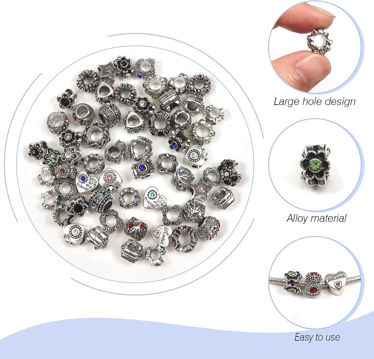 TOAOB 60Pcs Assorted European Beads Large Hole Spacer Beads Antique Silver Rhinestone Charms Supplies for Bracelet Necklace Jewelry Making