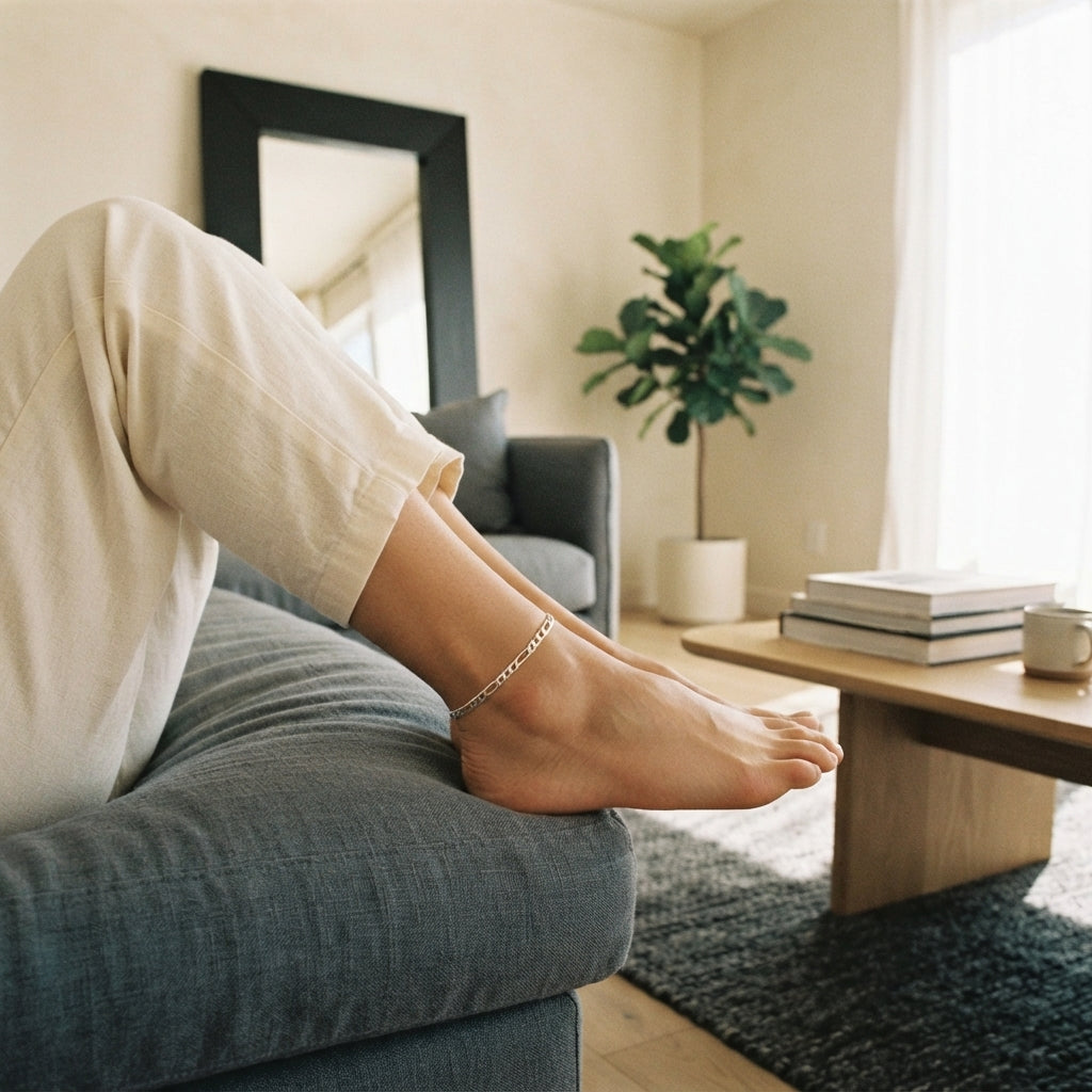 A close-up of a person wearing a polished 925 sterling silver Figaro link anklet while sitting on a sofa in a modern room.