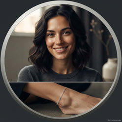 A circular portrait of influencer Nora Blake wearing a delicate sterling silver Figaro link anklet against a neutral backgrou